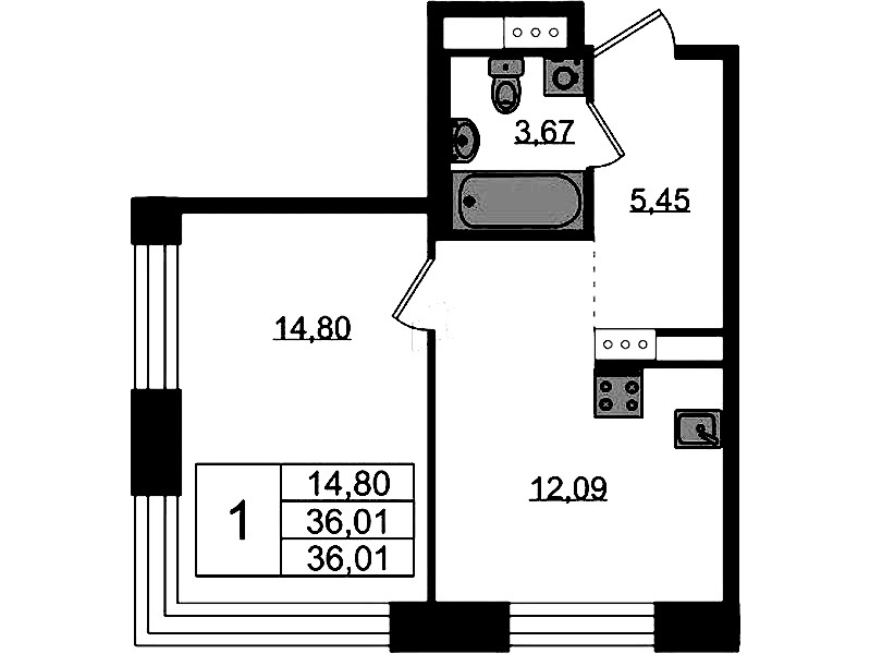 1-комнатная квартира 36.01 м², 5/5 эт., ЖК «Plus Пулковский»